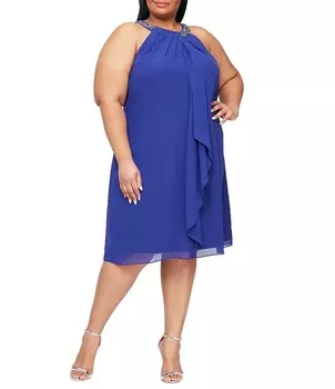 Ignite Evenings Plus Размер Шифоновое платье без рукавов с рюшами и оборками и бретельками на шее, синий
