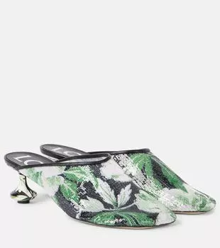 Игрушечные 45 цветочные мюли с пайетками на сетке Loewe, Black/Hibiscus