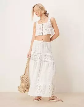 Iisla & Bird бродери макси многоярусная пляжная юбка белого цвета