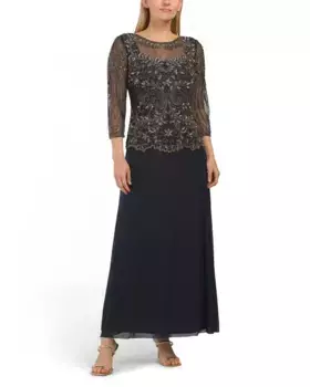 Иллюзионное платье с рукавом в четверть, расшитым бисером, и пышной юбкой Pisarro Nights, цвет Carbon