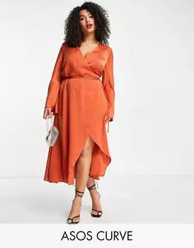 Имбирное атласное платье с запахом и завязками на талии ASOS DESIGN Curve