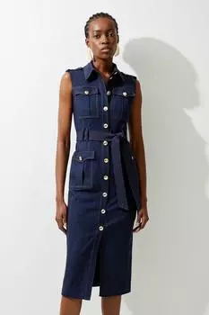 Индивидуальное джинсовое платье-рубашка миди с карманами-карго и поясом Karen Millen, синий