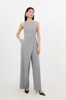 Индивидуальный комбинезон из смесовой шерсти с широкими штанинами и запахом Karen Millen, серый