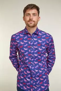 Индивидуальный крой Темно-синяя повседневная рубашка с длинным рукавом и принтом лошади Темно-синяя рубашка с цветочным принтом Double TWO, синий