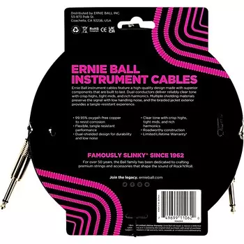 Инструментальный кабель Ernie Ball с оплеткой от прямого к прямому, 10 футов, фиолетовый/черный