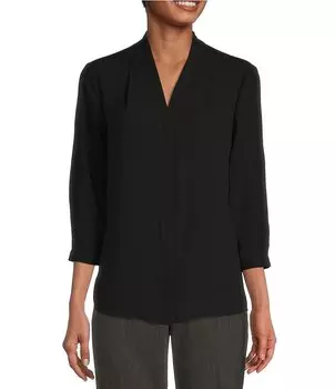 Investments Petite Size Блузка Caroline Signature с V-образным вырезом и рукавами 3/4 на пуговицах спереди, черный