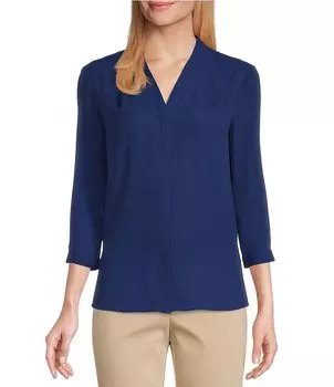 Investments Petite Size Блузка Caroline Signature с V-образным вырезом и рукавами 3/4 на пуговицах спереди, синий