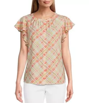 Инвестиции Миниатюрный размер Плетеный принт в клетку с круглым вырезом и пуговицами спереди Верх с короткими рукавами Investments, мультиколор