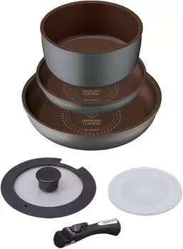 Iris Ohyama H-IS-SE6 Набор сковород и кастрюль, совместимый с индукционными и газовыми плитами, набор из 6 предметов, алмазное покрытие, сковорода с алмазным покрытием, серебро, съемная ручка, легкий вес, антипригарное покрытие, легкий уход, Sil...