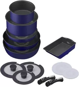 Iris Ohyama Набор сковород с алмазным покрытием, совместимый с IH, со съемными ручками, Bule