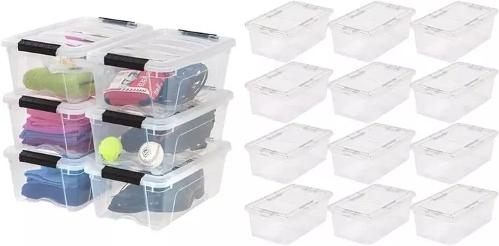 IRIS USA 13 Qt и 7 Qt Пластиковые контейнеры для хранения с крышками, пряжками, комбинированный комплект из 18 предметов, встраиваемые штабелируемые гаражные сумки для хранения вещей - прозрачные, Clear