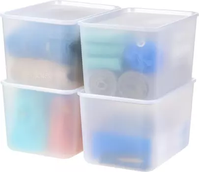 IRIS USA Пластиковая корзина-корзина с крышкой, 4 шт., штабелируемая корзина-органайзер для хранения с крышкой для офисного шкафа и спальни, легко чистится, жемчужный цвет, Pearl