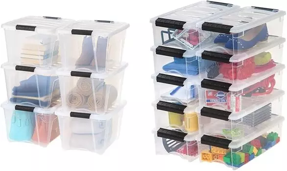 IRIS USA Штабелируемые пластиковые контейнеры для хранения на 32 кварты по 6 упаковок и на 5 кварт по 10 упаковок с крышками и защелкивающимися пряжками, Clear