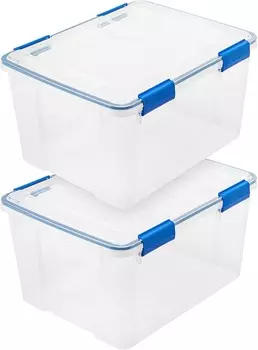 IRIS USA Weather Контейнеры для хранения объемом 44 кварты с крышками, 2 упаковки, коробка с пластиковыми прокладками, не содержащими бисфенол-А, с плотной защелкой и уплотнением, штабелируемая встраиваемая большая ванна - прозрачный/синий, Clea...