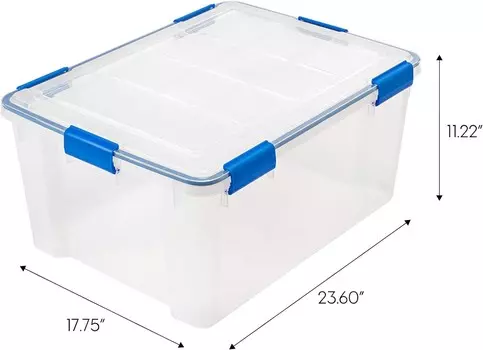 IRIS USA Weather Контейнеры для хранения Pro 60 Qt с крышками, 3 упаковки, коробка с пластиковыми прокладками, не содержащими BPA, с плотной защелкой и уплотнением, штабелируемая встраиваемая большая ванна - прозрачный/синий, Clear/Blue