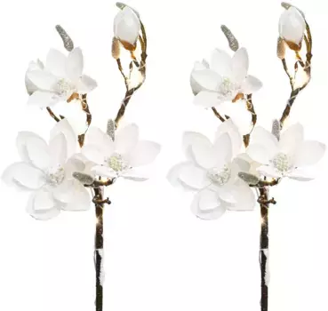 Искусственная ветка Creativ deco "Новогодние украшения", магнолия, набор из 2 шт., с 13 светодиодами + снежная оптика, на батарейках Высота: 92 см, белый