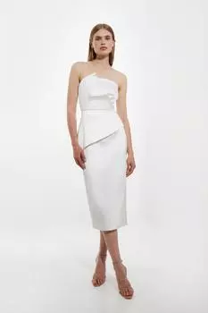 Итальянское атласное платье миди с асимметричной драпировкой-бандо Karen Millen, белый