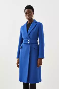 Итальянское пальто миди из смешанной шерсти Manteco с пуговицами и поясом Karen Millen, синий