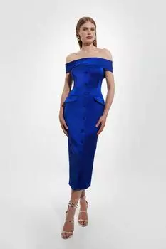 Итальянское структурированное платье миди с завязками в рубчик и пуговицами на заказ Karen Millen, синий