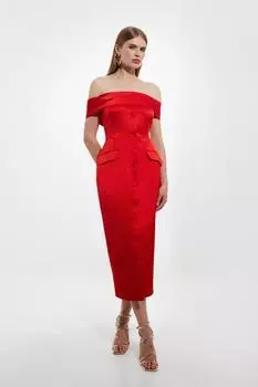 Итальянское структурированное платье миди с завязками в рубчик и пуговицами на заказ Karen Millen, красный