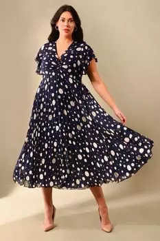 Изогнутое синее плиссированное платье в горошек и узлом спереди Live Unlimited, синий