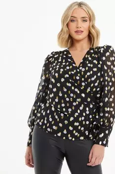 Изогнутый черный фольгированный топ в горошек QUIZ Clothing