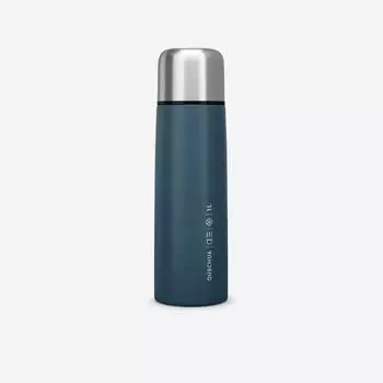 Изотермическая бутылка для воды из нержавеющей стали емкостью 1 л с чашкой для походов - синяя Quechua