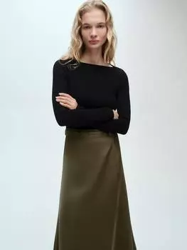 Изящное атласное платье миди в рубчик Mango, цвет Black/Khaki