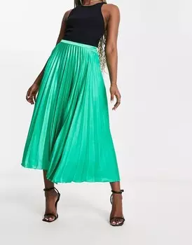 Изумрудно-зеленая плиссированная атласная юбка миди ASOS