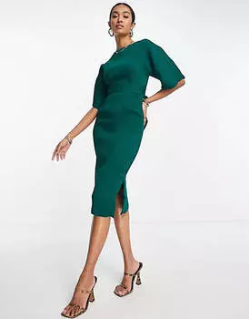 Изумрудно-зеленое платье-карандаш в рубчик с поясом Closet London