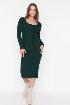 Изумрудно-зеленое трикотажное платье с завязками Trendyol, зеленый