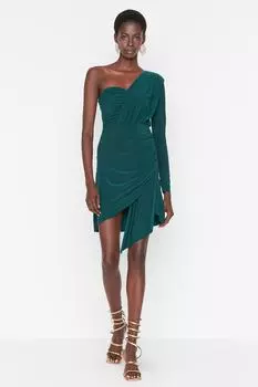 Изумрудно-зеленое вечернее платье с драпировкой Trendyol, зеленый