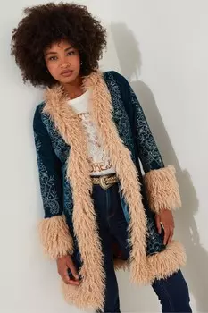 Изысканное пальто в стиле бохо с вышивкой и отделкой из искусственного меха Joe Browns, зеленый