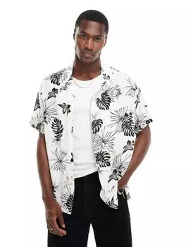 Jack & Jones — Белая рубашка с принтом пальмы и лацканами