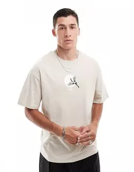Jack & Jones – Бежевая футболка оверсайз с принтом на груди