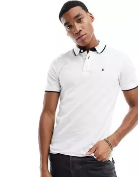 Jack & Jones — Essentials — белая рубашка-поло приталенного кроя с логотипом и контрастной отделкой