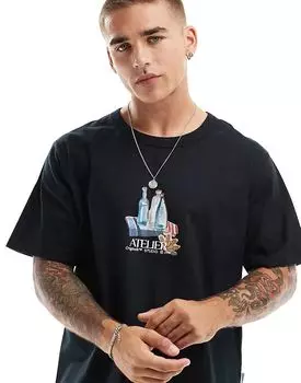 Jack & Jones – Футболка oversize черного цвета с принтом на груди