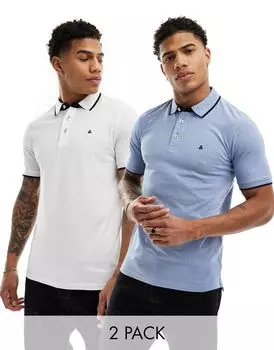 Jack & Jones — комплект из 2 рубашек-поло из синего и белого пике с контрастной окантовкой