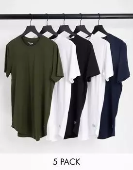 Jack & Jones – комплект из 5 футболок удлиненного кроя с закругленным краем в разных цветах