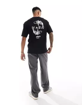 Jack & Jones Originals – черная футболка оверсайз с карповым принтом на спине