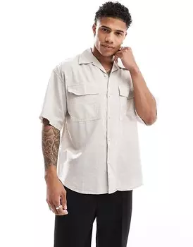 Jack & Jones – Рубашка оверсайз бежевого цвета с практичными карманами, смесовый лен
