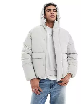 Jack & Jones – Стеганое пальто светло-серого цвета с капюшоном и карманами