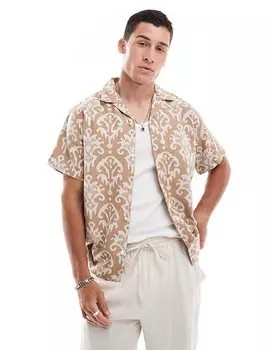 Jack & Jones Светло-коричневая рубашка премиум класса с кубинским воротником в кардном узоре 3р