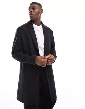 Jack & Jones – темно-серое длинное пальто из смесовой шерсти с узором «гусиные лапки»