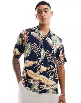 Jack & Jones – темно-синяя рубашка с кубинским воротником с цветочным узором