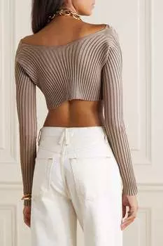 JACQUEMUS укороченный вязаный кардиган в рубчик Pral с украшением, бежевый