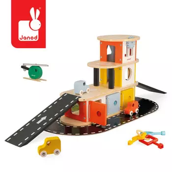 Janod, Деревянный двухэтажный гараж с 4 аксессуарами Bolid