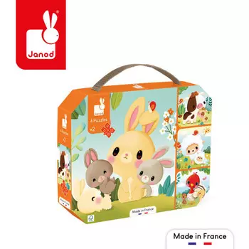 Janod, Набор прогрессивных пазлов в чемодане, «Животные на ферме», 4 пазла, 6/9/12/16 деталей.