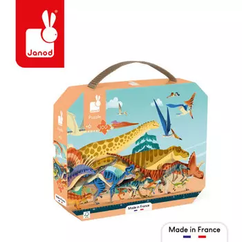 Janod, Пазл Панорамный в чемодане Динозавры 100 деталей