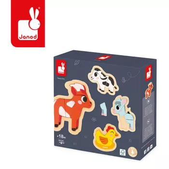 Janod, Пазл Progressive, деревянная Ферма, 4 пазла 2/3/4/5 деталей, 18м+